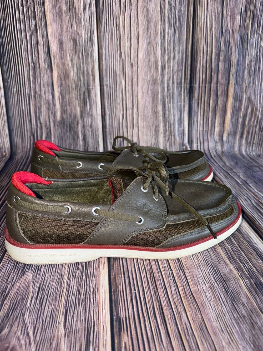 Sperry Top-Sider Men’s Boat Shoes Olive Green Leather Mesh Size 11.5